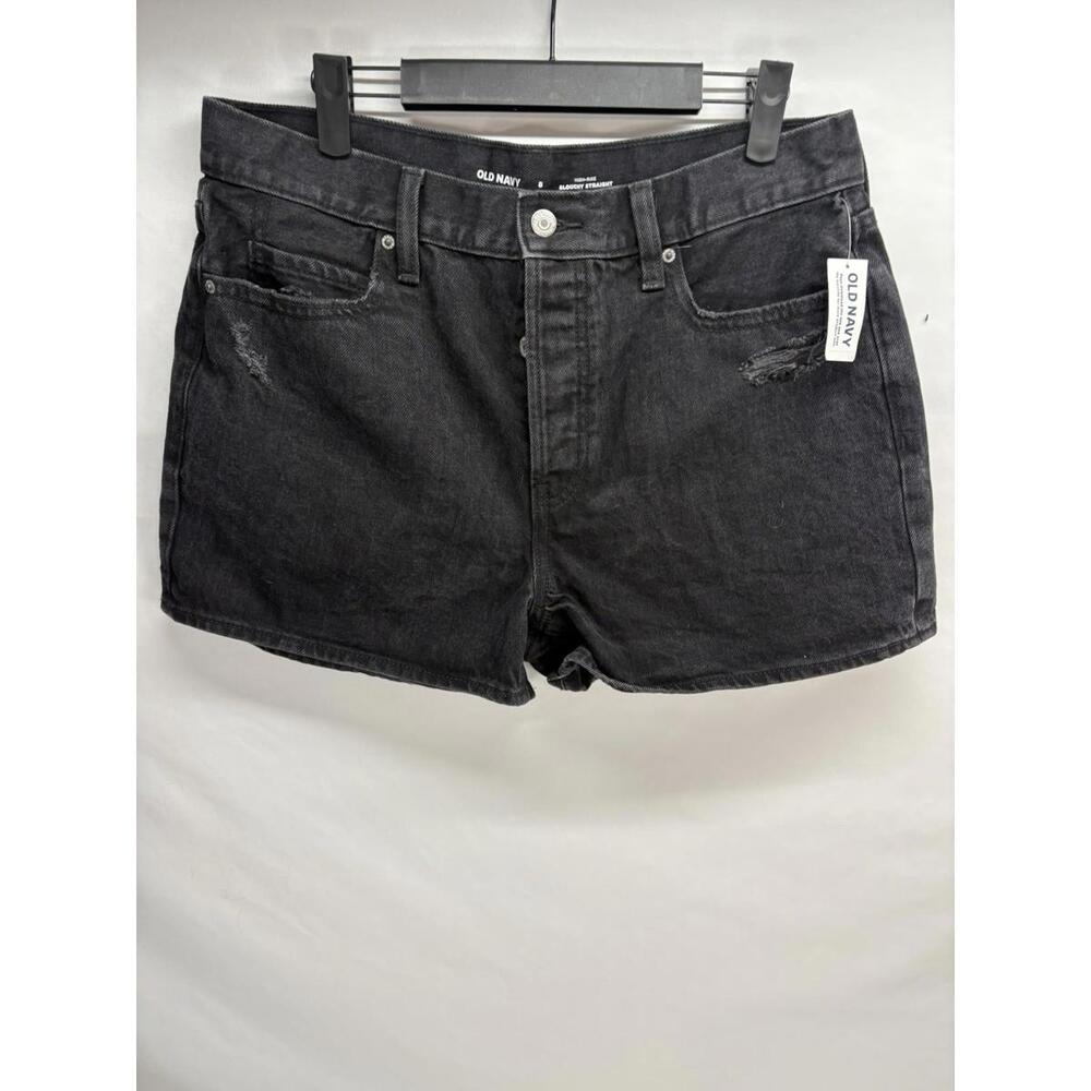 Old Navy Slouchy-Straight High Rise Jean Shorts Women 8 Black Distressed Cutoff